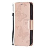 Peňaženkové kožené puzdro BUTTERFLIES na iPhone 13 Pro - Ružovozlatá
