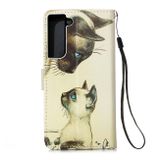 Peňaženkové kožené puzdro DRAWING na Samsung Galaxy S22 Plus 5G - Cat Looking