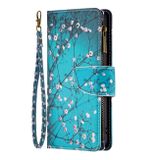 Peňaženkové kožené puzdro Drawing Zipper na Oppo Reno 7 5G - Plum Blossom