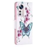 Peňaženkové kožené puzdro LEATHER na Xiaomi 12 Lite – Motýľ s broskyňovým kvetom