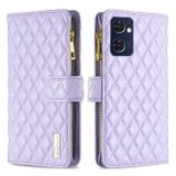 Peňaženkové kožené puzdro Diamond Lattice Zipper na Oppo Reno 7 5G - Fialová