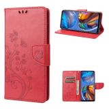 Peňaženkové kožené puzdro Butterfly Flower Embossed na Moto E32 - Červená