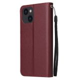 Peňaženkové kožené puzdro Multifunctional na iPhone 14 - Červené víno