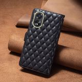 Peňaženkové kožené puzdro Diamond Lattice Zipper na Oppo A38 - Čierna