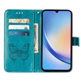 Peňaženkové kožené puzdro Embossed Butterfly na Galaxy A35 5G - Modrá
