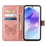 Peňaženkové kožené puzdro Embossed Butterfly Leather na Galaxy A55 5G - Ružovo zlatá