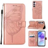 Peňaženkové kožené puzdro Embossed Butterfly Leather na Galaxy A55 5G - Ružovo zlatá