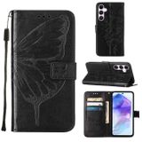 Peňaženkové kožené puzdro Embossed Butterfly Leather na Galaxy A55 5G - Čierna