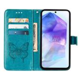 Peňaženkové kožené puzdro Embossed Butterfly Leather na Galaxy A55 5G - Modrá