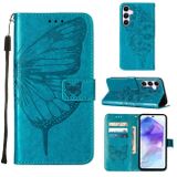 Peňaženkové kožené puzdro Embossed Butterfly Leather na Galaxy A55 5G - Modrá