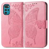 Peňaženkové kožené puzdro Butterfly Love na Motorola Moto G22 - Ružová