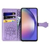 Peňaženkové kožené puzdro Cat and Dog Embossed na Galaxy A55 5G - Fialová