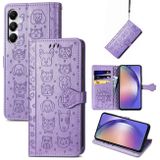 Peňaženkové kožené puzdro Cat and Dog Embossed na Galaxy A55 5G - Fialová