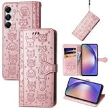 Peňaženkové kožené puzdro Cat and Dog Embossed na Galaxy A55 5G - Ružovo zlatá