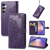 Peňaženkové kožené puzdro Mandala Flower Embossed na Galaxy A55 5G - Fialová