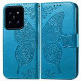 Peňaženkové kožené puzdro Butterfly Love na Xiaomi 14 Pro - Modrá