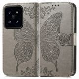 Peňaženkové kožené puzdro Butterfly Love na Xiaomi 14 Pro - Sivá