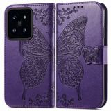 Peňaženkové kožené puzdro Butterfly Love na Xiaomi 14 Pro - Tmavo fialová