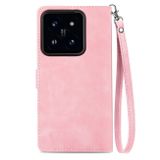 Peňaženkové kožené puzdro Flower Zipper na Xiaomi 14 Pro - Ružová