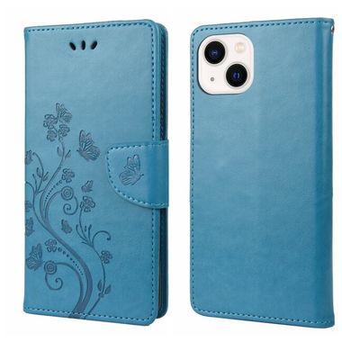Peňaženkové 3D puzdro Butterfly Flower na iPhone 14 – Modrá