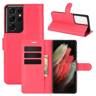 Peňaženkové kožené LITCHI puzdro na Samsung Galaxy S21 Ultra 5G - Červená