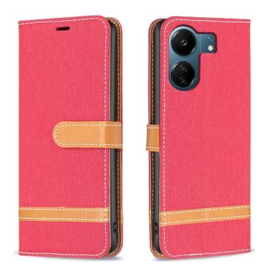 Peňaženkové kožené puzdro Block Denim na Xiaomi Redmi 13C - Červená