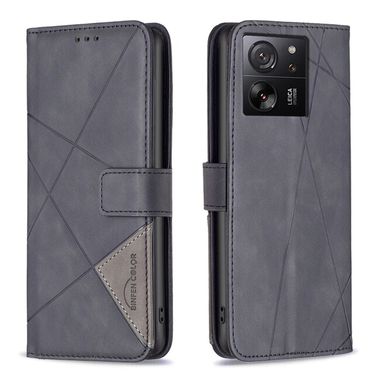 Peňaženkové kožené puzdro Buckle Rhombus na Xiaomi 13T / 13T Pro – Čierna