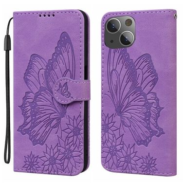 Peňaženkové kožené puzdro Butterflies na iPhone 15 - Fialová