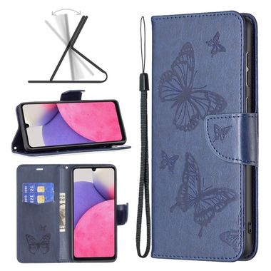 Peňaženkové kožené puzdro BUTTERFLIES na Samsung Galaxy A33 5G - Modrá