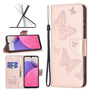 Peňaženkové kožené puzdro BUTTERFLIES na Samsung Galaxy A33 5G - Ružovozlatá