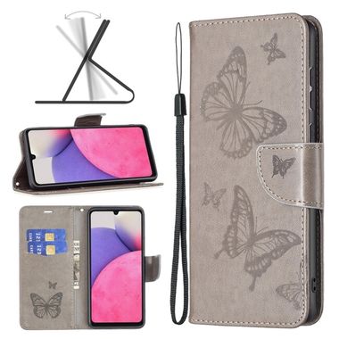 Peňaženkové kožené puzdro BUTTERFLIES na Samsung Galaxy A33 5G - Šedá