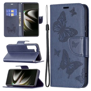 Peňaženkové kožené puzdro BUTTERFLIES na Samsung Galaxy S22 5G - Modrá