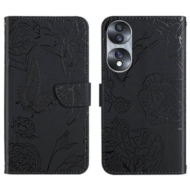 Peňaženkové kožené puzdro Butterfly Embossed na Honor 70 - Čierna