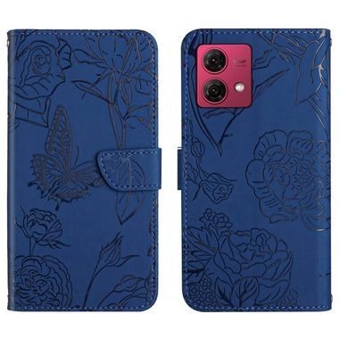 Peňaženkové kožené puzdro Butterfly Embossed na Motorola Edge 40 Neo - Modrá