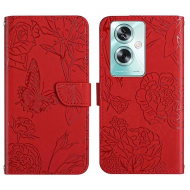 Peňaženkové kožené puzdro Butterfly Embossed na OPPO Reno11 F 5G - Červená