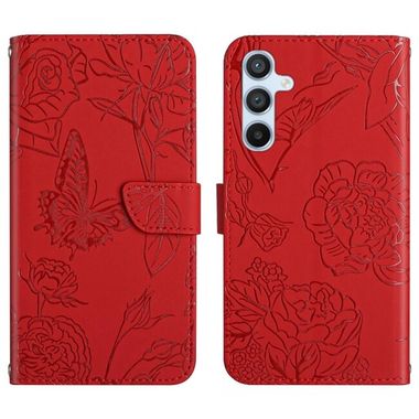 Peňaženkové kožené puzdro Butterfly Embossed Skin Feel na Galaxy A55 5G - Červená