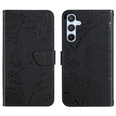 Peňaženkové kožené puzdro Butterfly Embossed Skin Feel na Galaxy A55 5G - Čierna