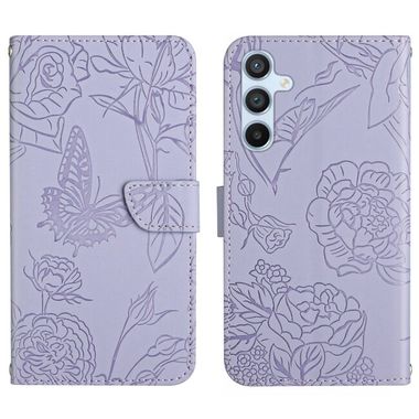 Peňaženkové kožené puzdro Butterfly Embossed Skin Feel na Galaxy A55 5G - Fialová