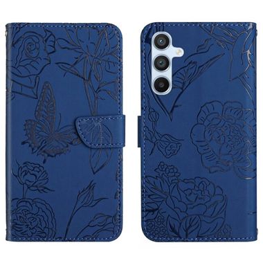 Peňaženkové kožené puzdro Butterfly Embossed Skin Feel na Galaxy A55 5G - Modrá