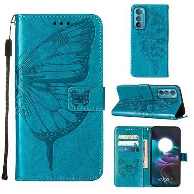 Peňaženkové kožené puzdro Butterfly Flip na Motorola Edge 30 - Modrá