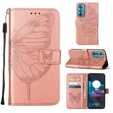 Peňaženkové kožené puzdro Butterfly Flip na Motorola Edge 30 - Ružové zlato