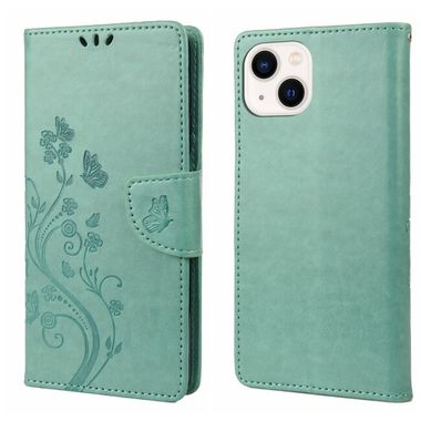 Peňaženkové kožené puzdro Butterfly Flower na iPhone 14 Plus - Zelená