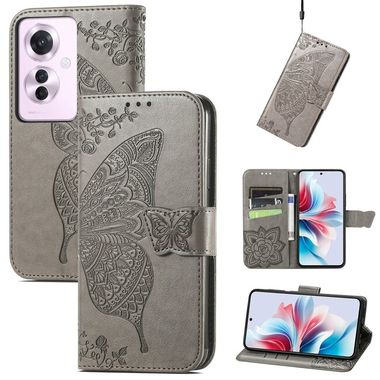 Peňaženkové kožené puzdro Butterfly Flower na OPPO Reno11 F 5G - Šedá