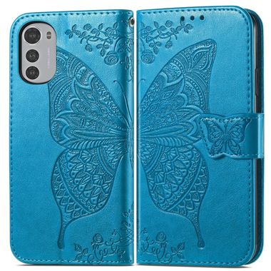Peňaženkové kožené puzdro Butterfly Love Flower na Moto E32 - Modrá