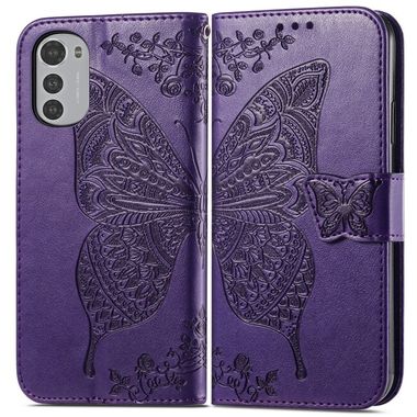 Peňaženkové kožené puzdro Butterfly Love Flower na Moto E32 - Tmavo fialová