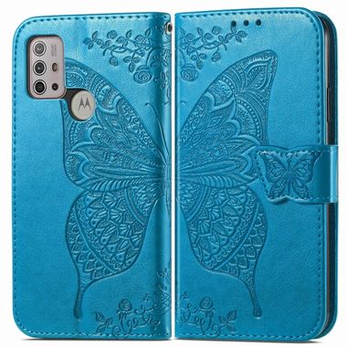 Peňaženkové kožené puzdro Butterfly Love Flower na Moto G10/G20/G30 - Modrá