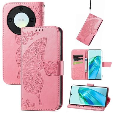 Peňaženkové kožené puzdro Butterfly Love na Honor Magic5 Lite - Ružová