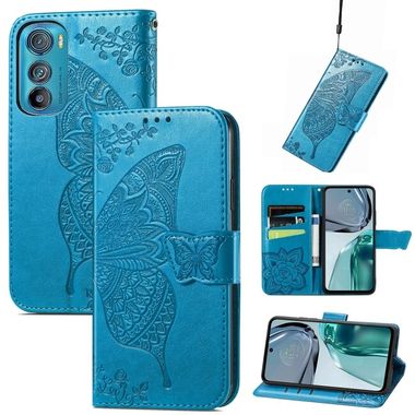 Peňaženkové kožené puzdro Butterfly Love na Motorola Edge 30 - Modrá