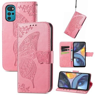 Peňaženkové kožené puzdro Butterfly Love na Motorola Moto G22 - Ružová
