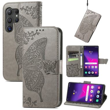 Peňaženkové kožené puzdro Butterfly Love na Samsung Galaxy S24 Ultra 5G - Sivá